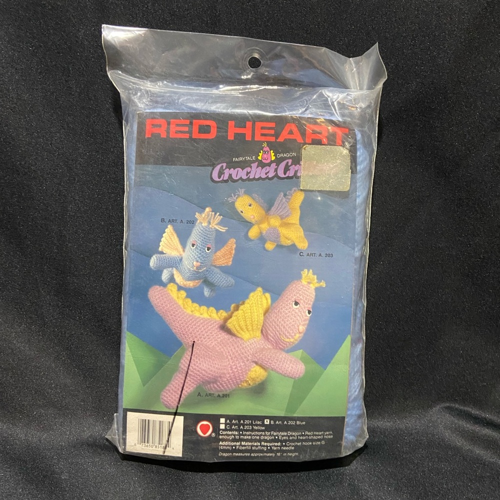 SEALED Vintage Fairytale Dragon Crochet Red Heart DIY Kit #202 Blue